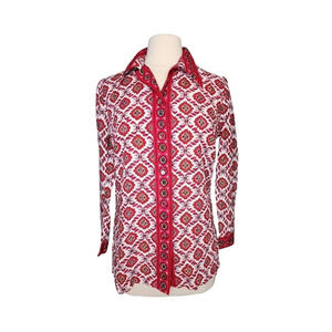 Vintage Alex Coleman Blouse Size 4 Red & White Pink Floral Button Up